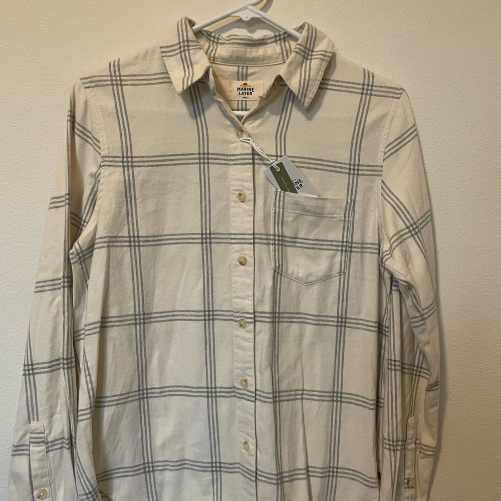 Marine Layer Cream and Gray Plaid Button Down Shirt